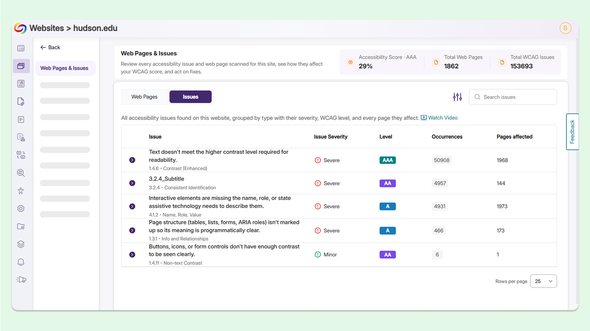 A new Issues panel: Users can view all WCAG issues identified on a chosen website and group web pages that have at least 1 instance of a specific issue together.