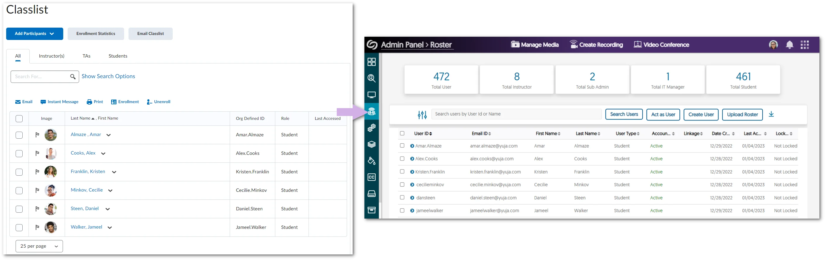 The Video Platform roster User IDs are shown to be the same as the LMS user ID.