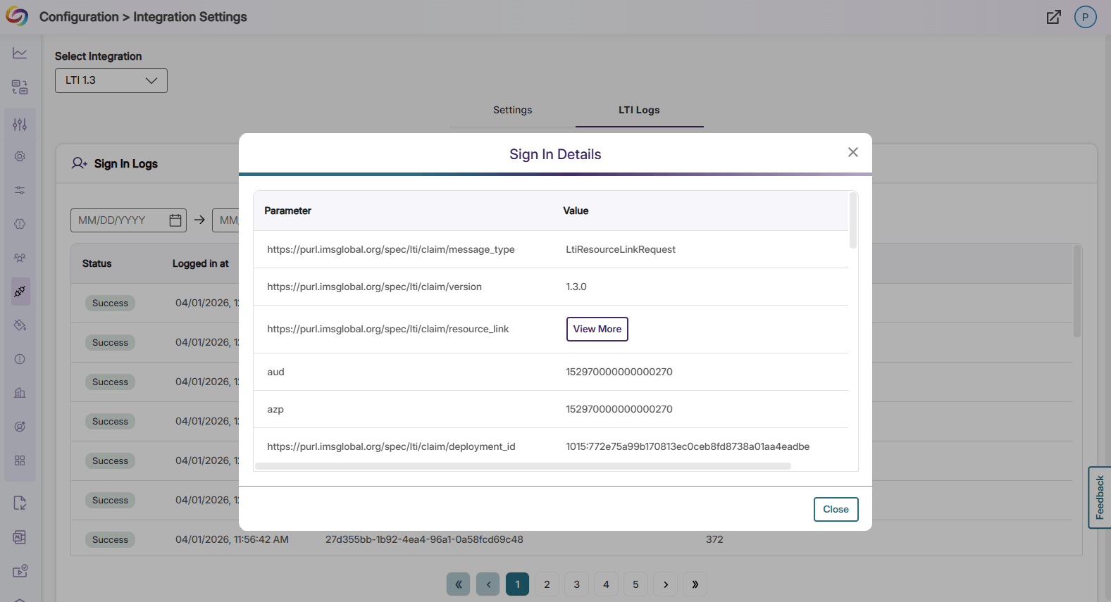 Integration Settings webpage displaying LTI 1.3 logs, with a popup titled Sign In Details open for one of the log entries. The Sign In Details popup displays numerous parameters and their values.
