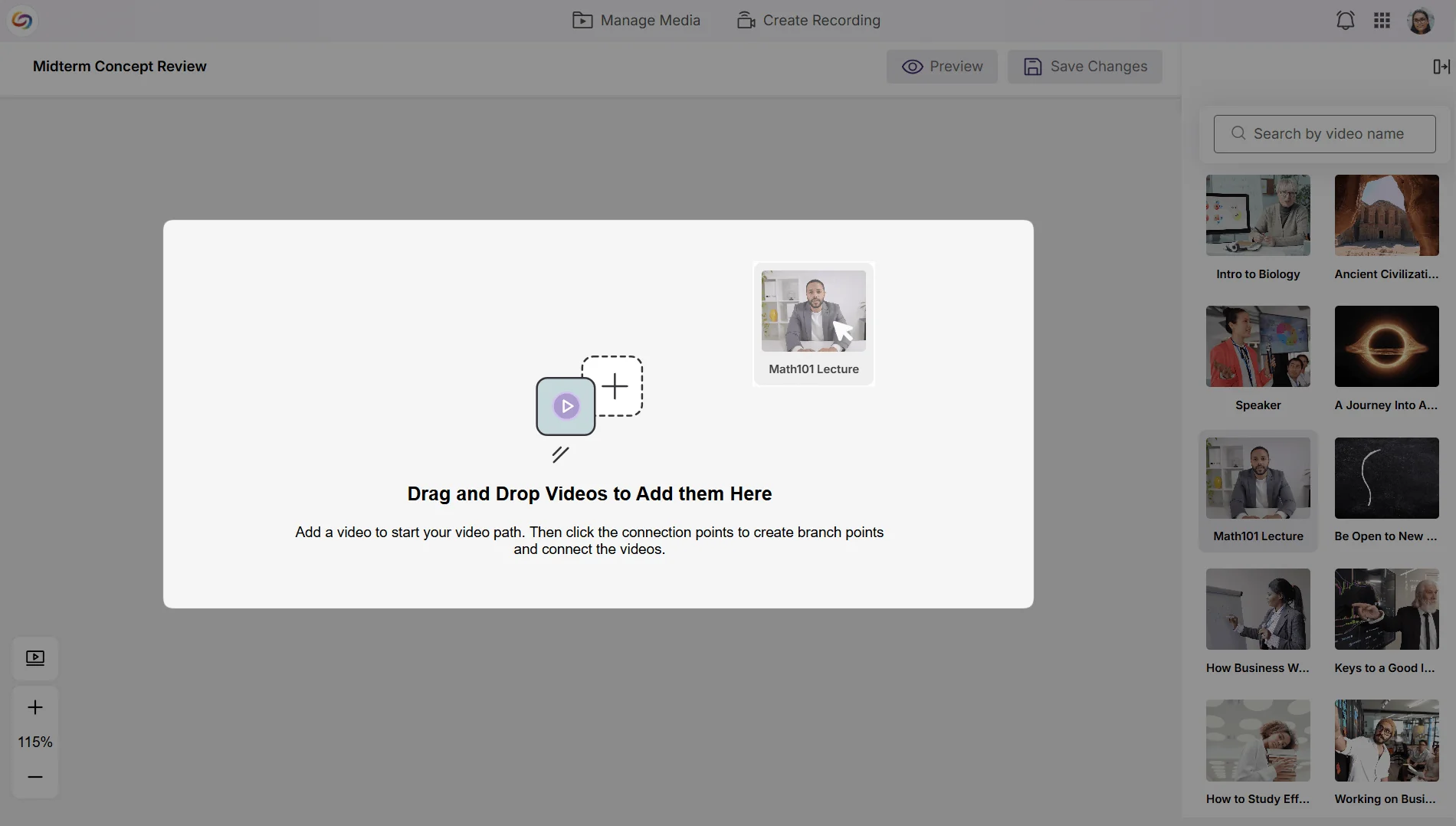 Visual Canvas Editor: A drag-and-drop interface that enables instructors to build complex interactive scenarios by connecting videos from your media library.