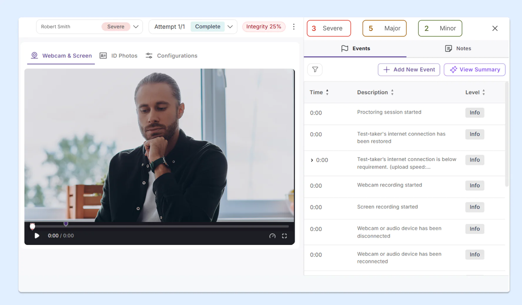 Proctoring results with video recording: Instructors can see a detailed report that includes the student’s video recording, raised flags, and summary analytics.
