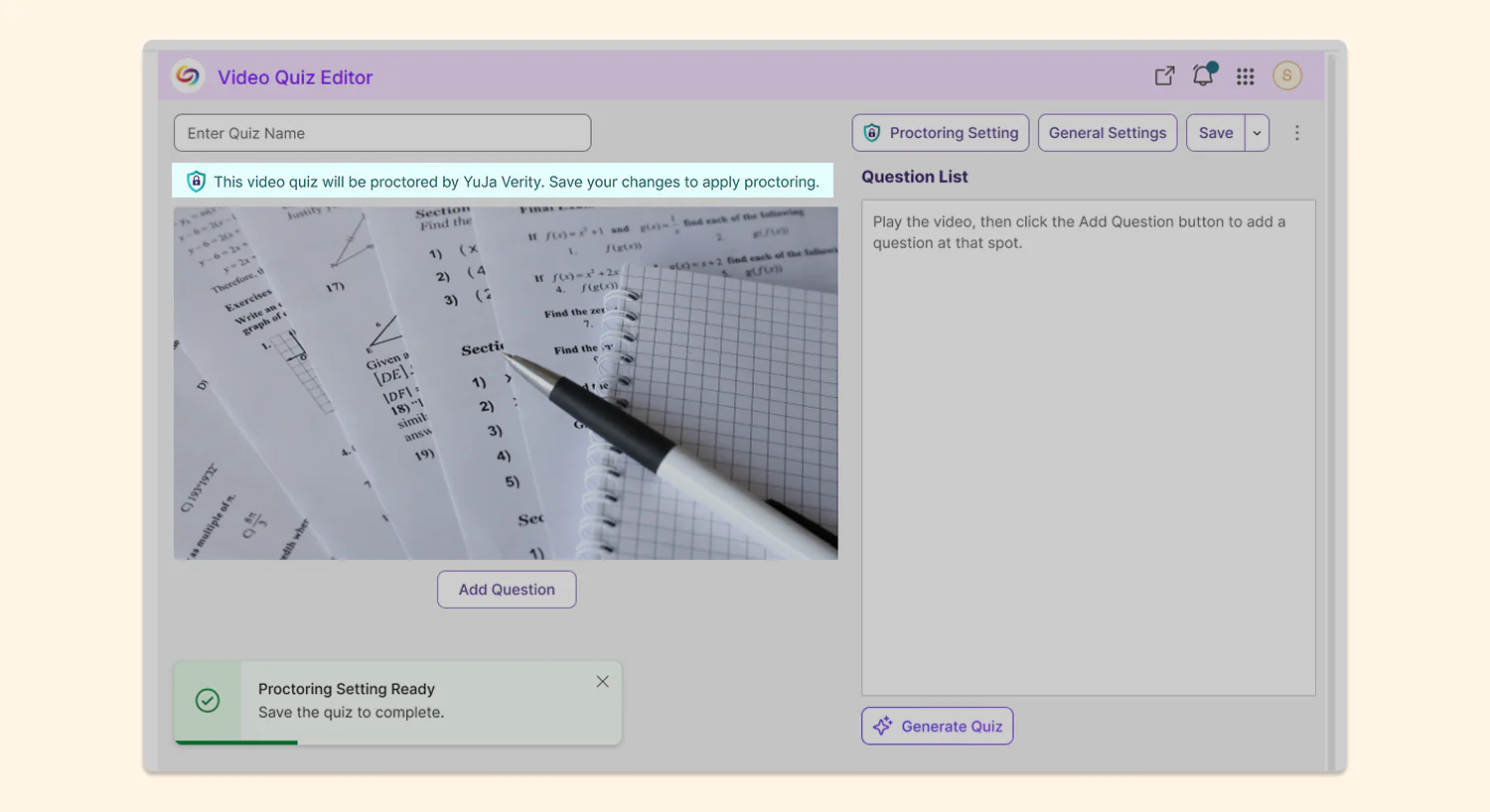 A banner when proctoring is pending: A banner appears on the page to indicate that proctoring is pending and will only be applied once the quiz is saved, allowing instructors to differentiate between configuration and activation.