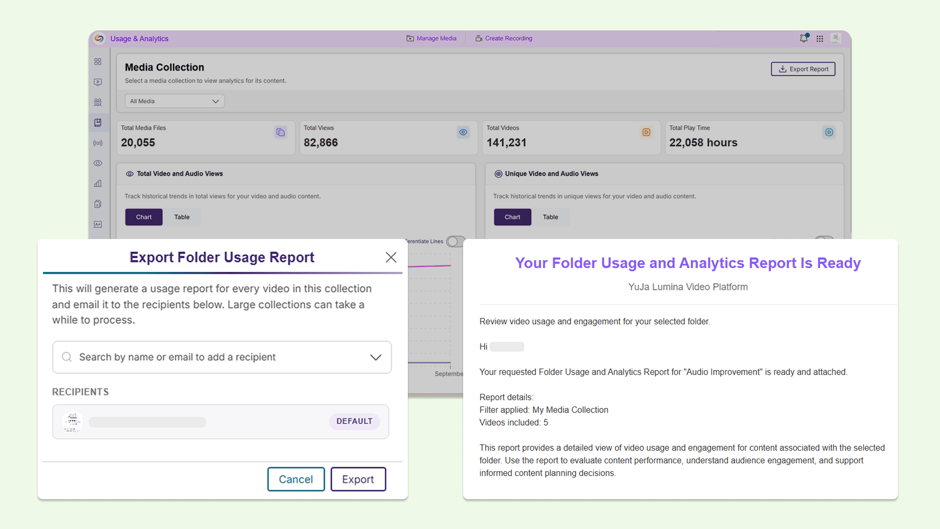 Folder usage report with options to export and an email notification