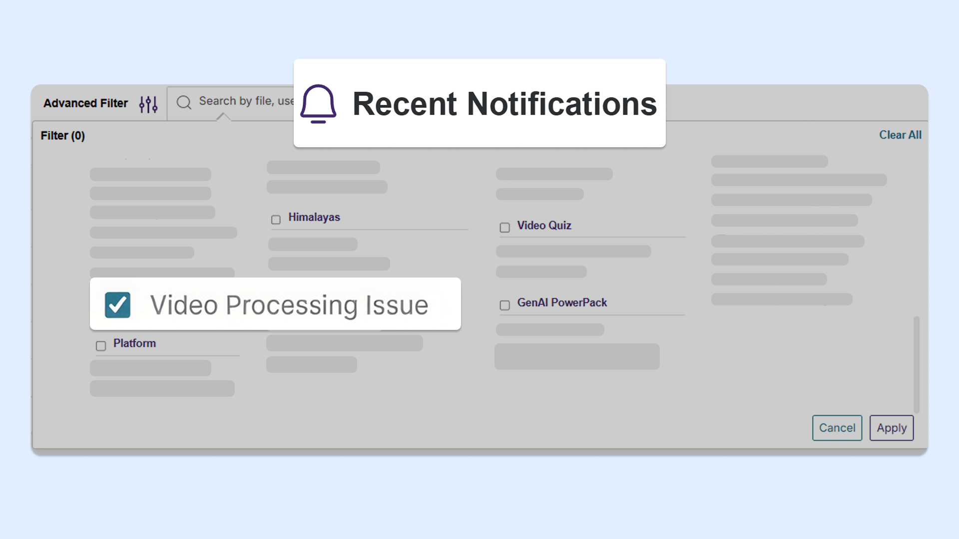 Video Processing Issue notification filter with checkbox showing that it's checked