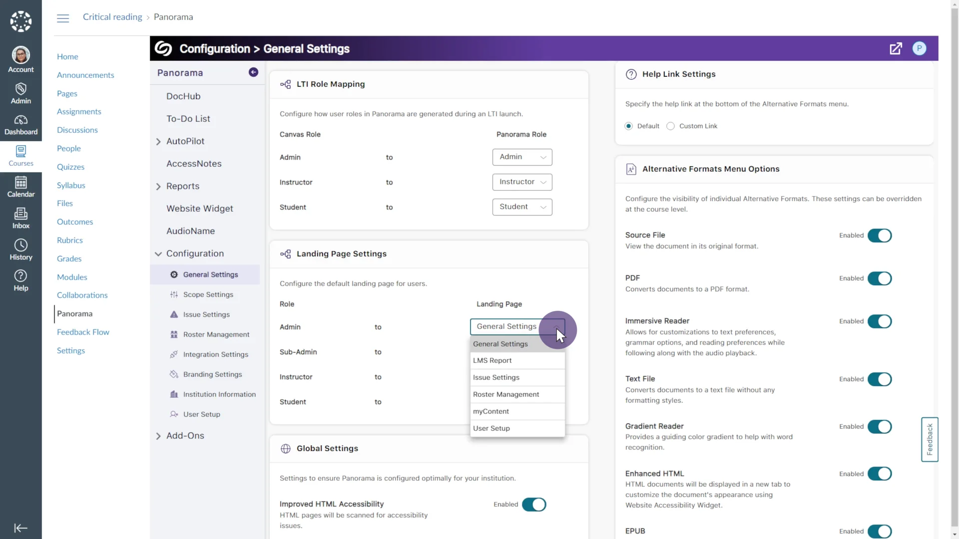 The General Settings page, which now allows you to set landing pages for different user roles.