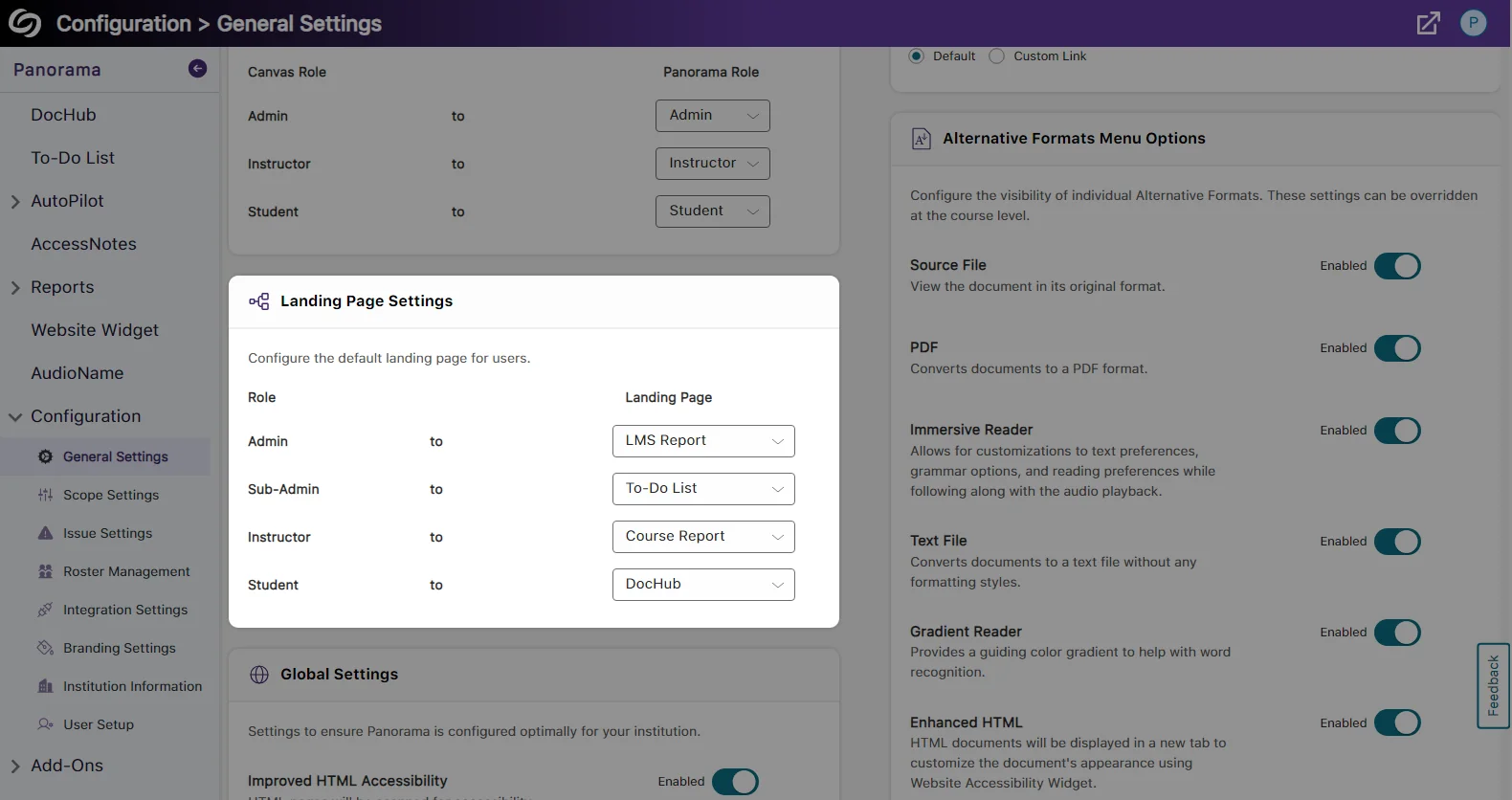 Setting to configure the landing page for each role.