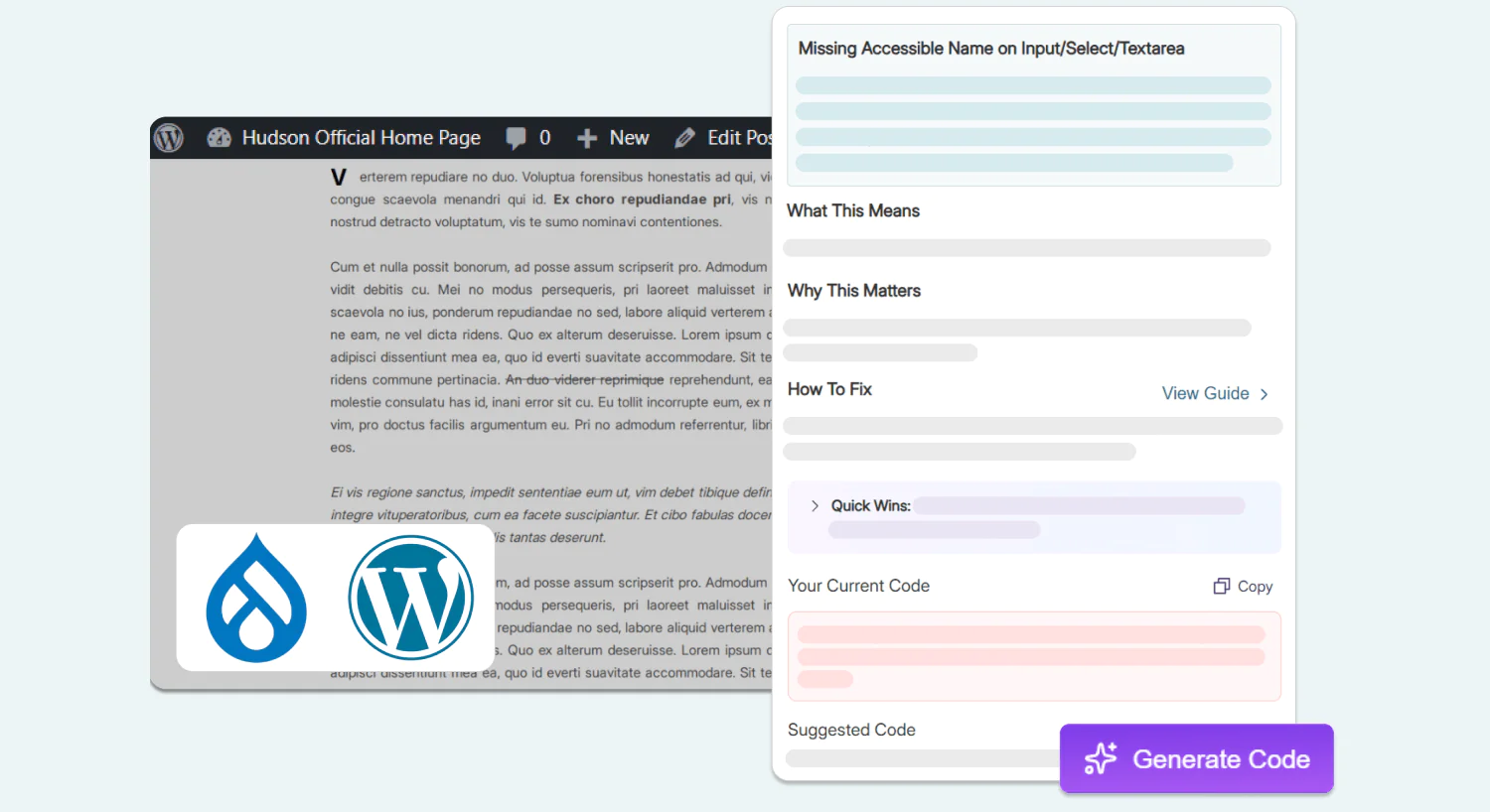 Mid-fidelity prototype of the option to generate code for a website issue in WordPress and Drupal using the web browser.