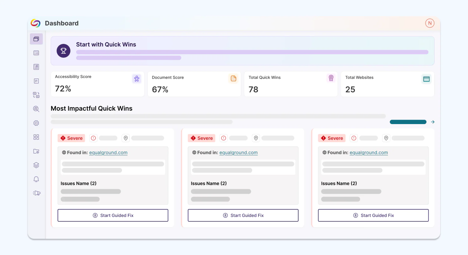 Mid-fidelity prototype of the new Quick Wins dashboard in YuJa EqualGround.