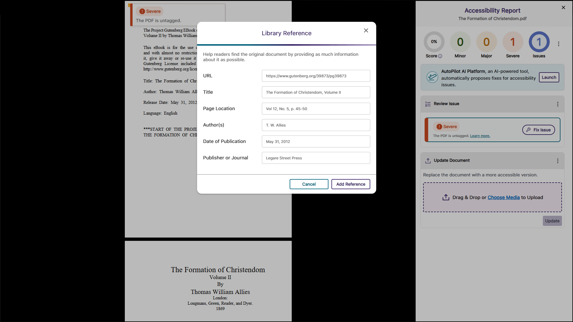A new Alternative Format—Library Reference. The menu is open and the reference information has been filled out.