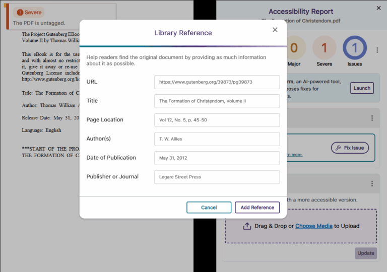 An image showing the accessibility report of an PDF document in Panorama, highlighting the Library Reference adding option.