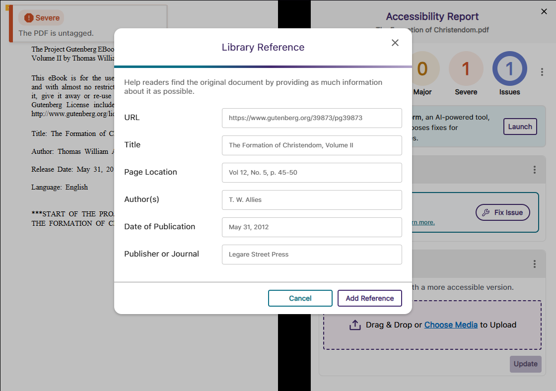 An image showing the accessibility report of an PDF document in YuJa Panorama, highlighting the Library Reference adding option.