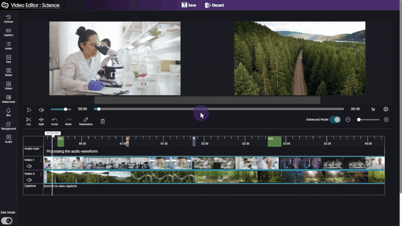 The video editor is shown switching to light mode.