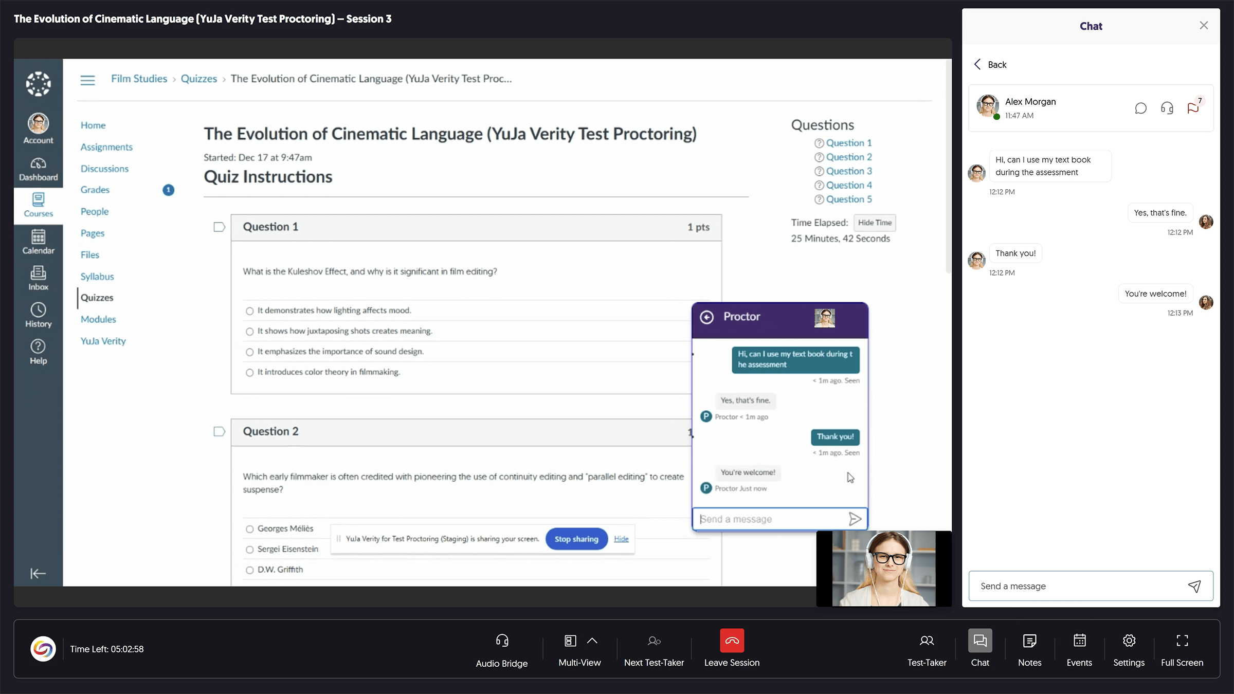 YuJa Verity Live Proctoring Chat box is shown with a message from the proctor.