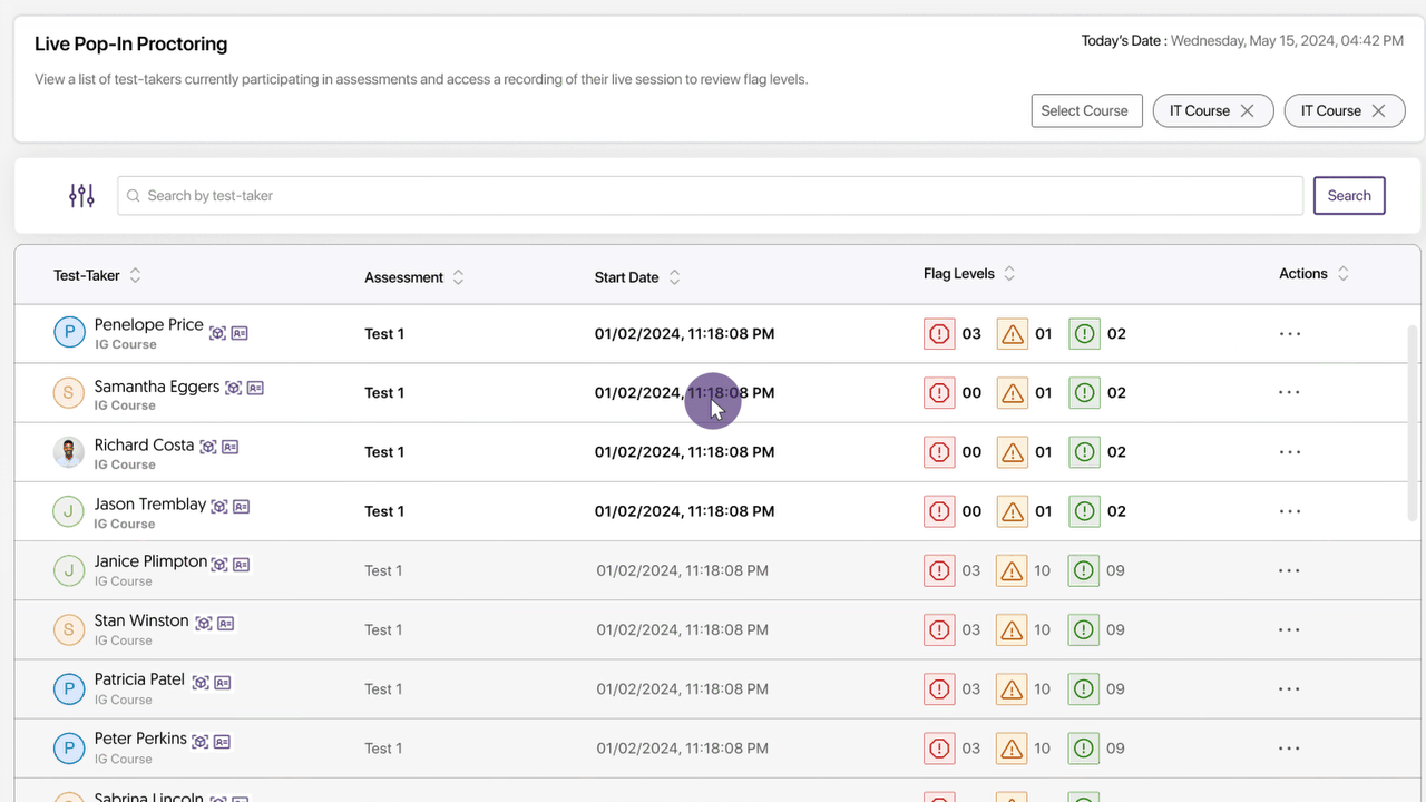A live check-in view is shown of a students testing environment. 