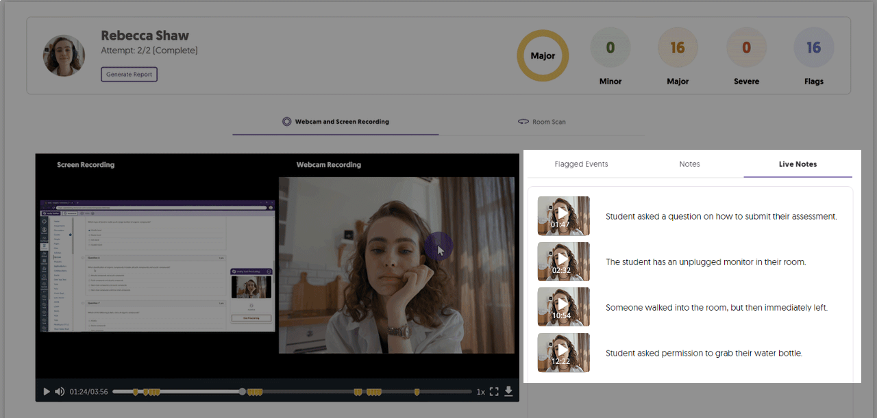 A tab for live session notes is shown when reviewing results for a student.