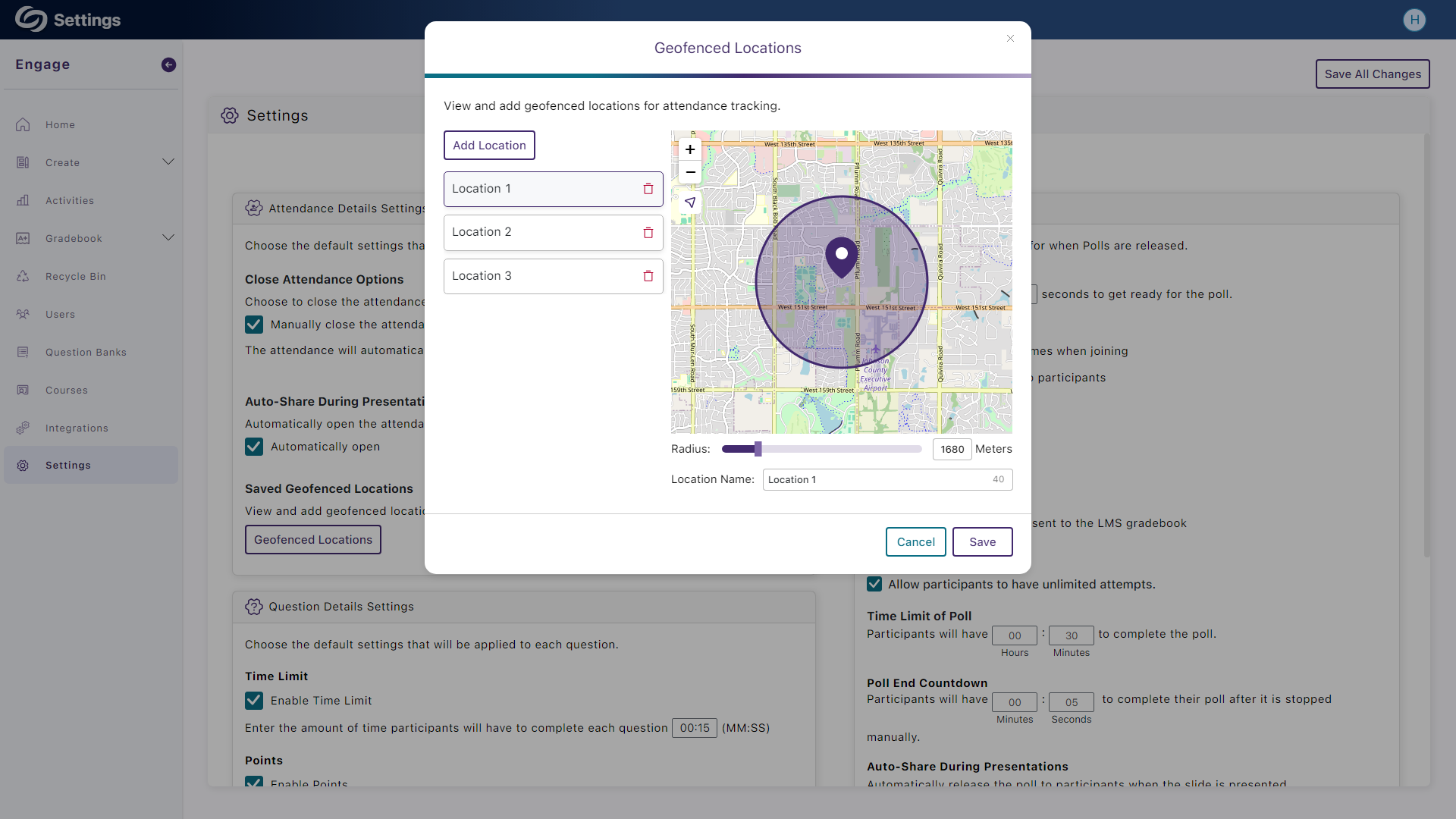 Several geofence locations are shown saved.