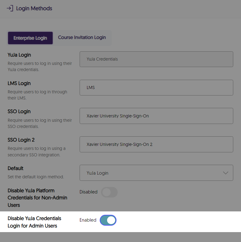 Option to disable YuJa credentials for admins.