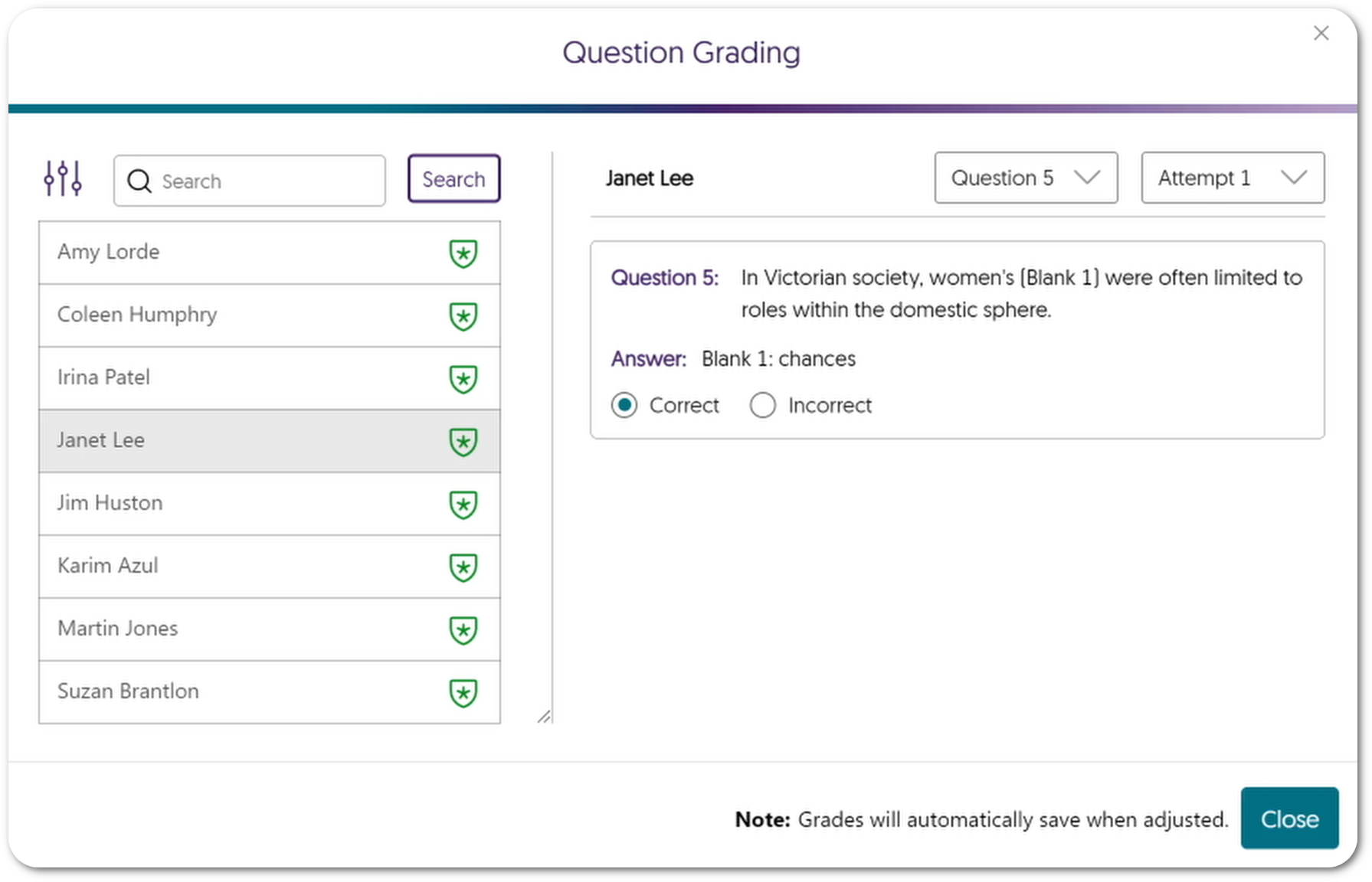 Question grading for fill in the blank.