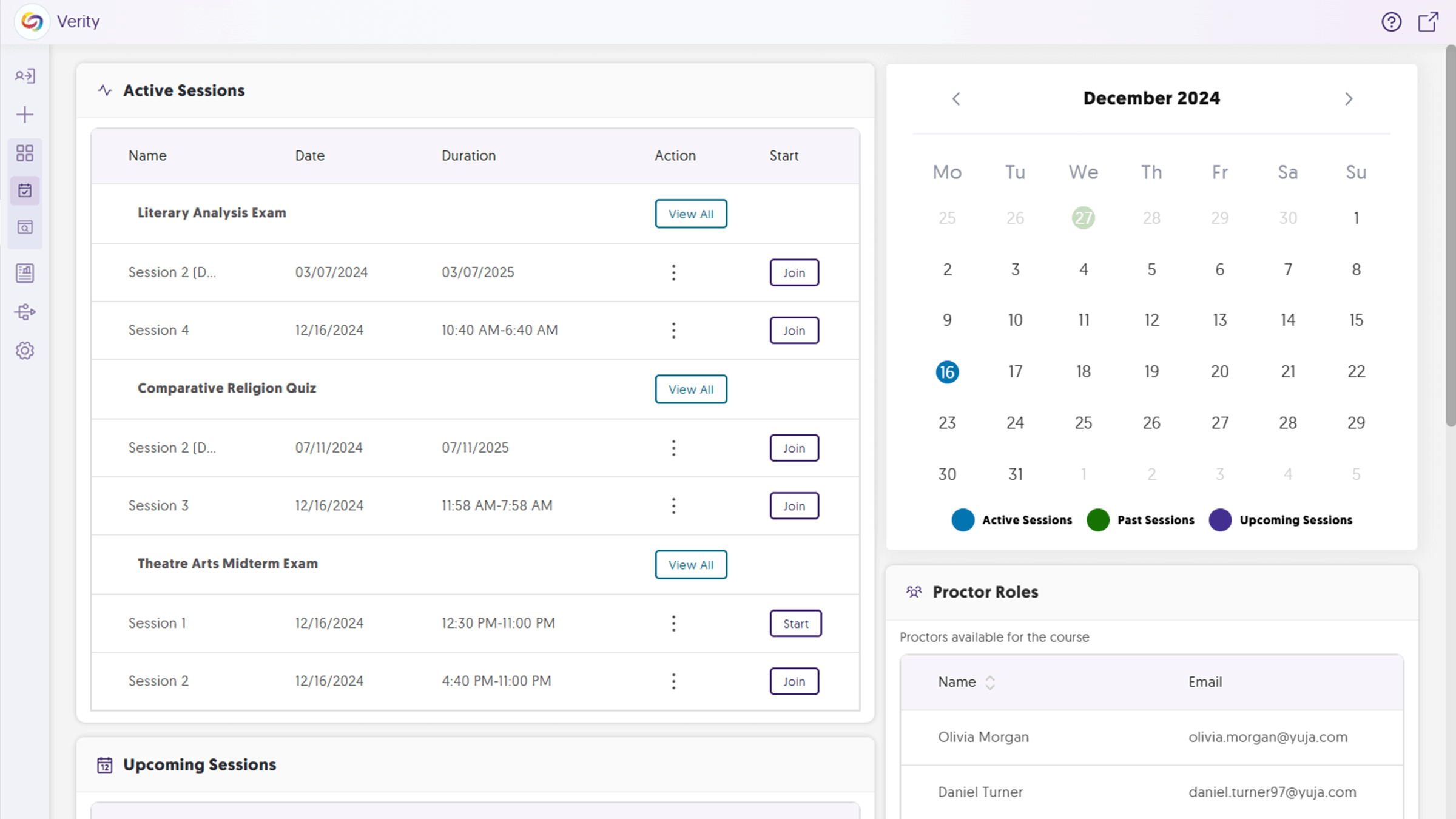 YuJa Verity Live Proctoring Dashboard with active and upcoming sessions shown on screen.
