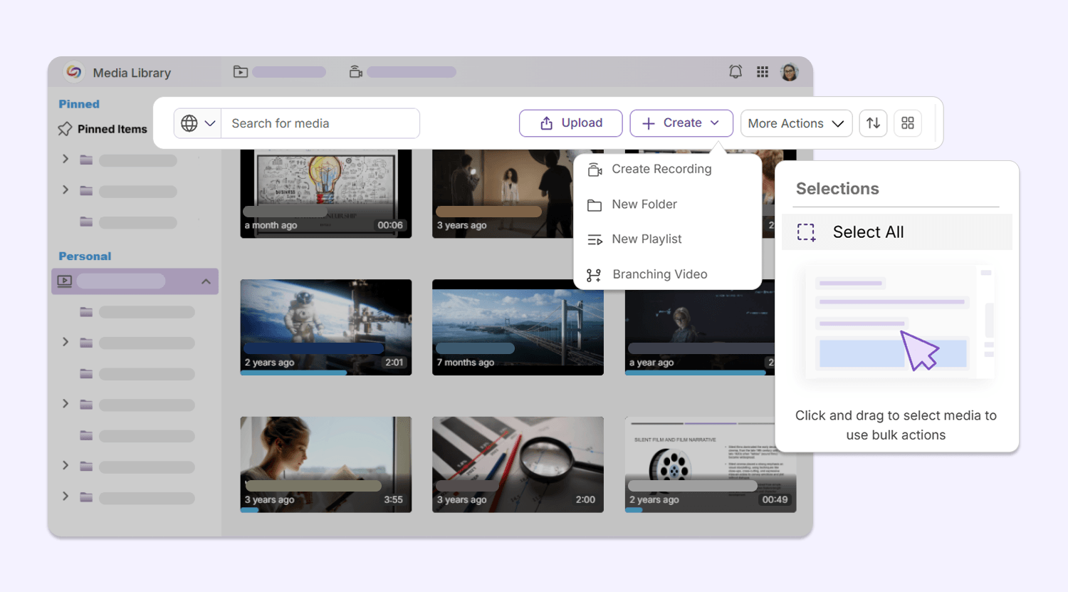 Media Library secondary menu bar: The secondary menu bar in the Media Library has been upgraded with a set of new icons, helping users navigate their library, upload new content, and conduct bulk actions with ease.