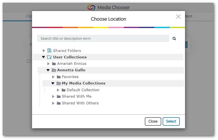 The Media Chooser featuring a tree-like structure to folder navigation.
