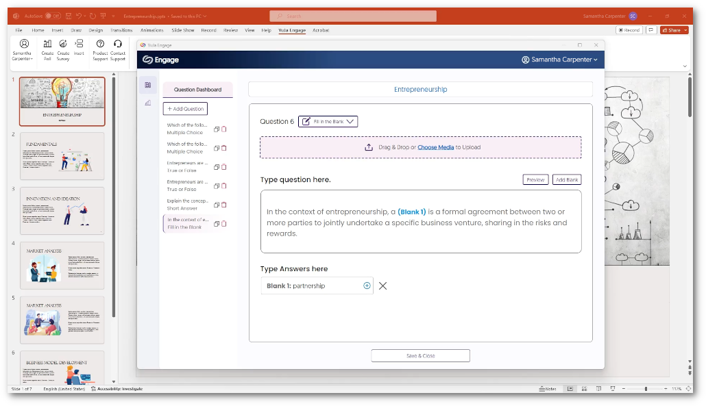 The Engage add-in is shown within PowerPoint showcasing a Poll being created.