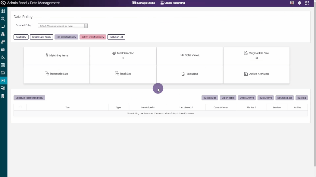 The YuJa Himalayas Platform with the Policy Creator menu open. 