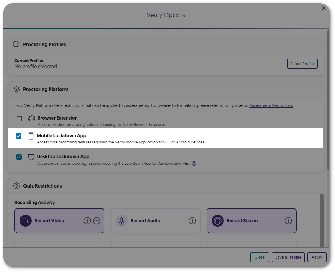The Mobile Lockdown App platform is shown in the Verity Options.