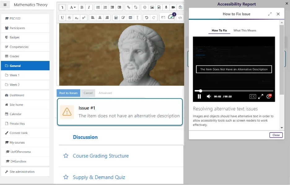 An accessibility issue and directions on how to fix it display in the Moodle LMS.