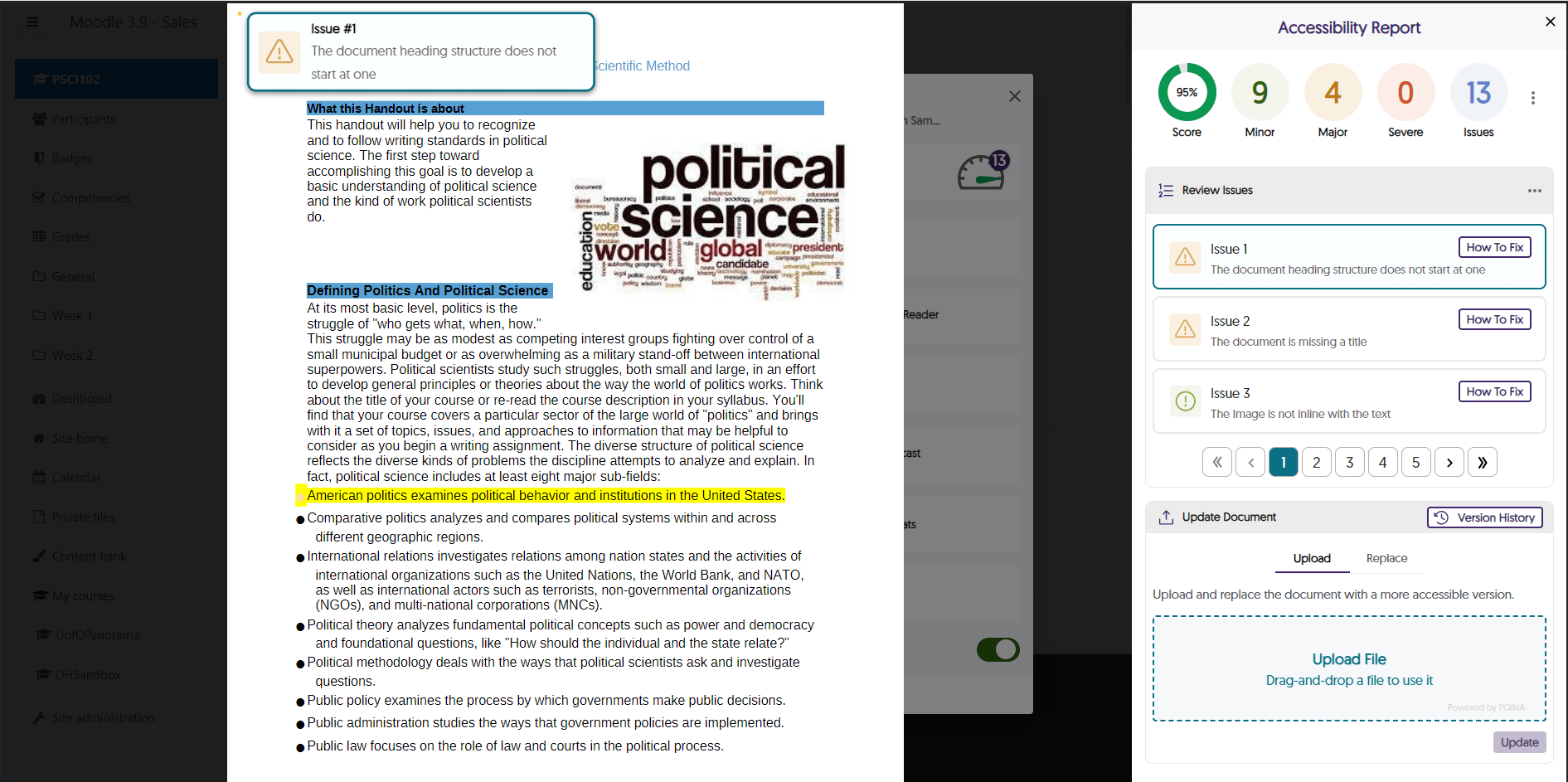 A document in Moodle with the Accessibility Report open and an issue showing.