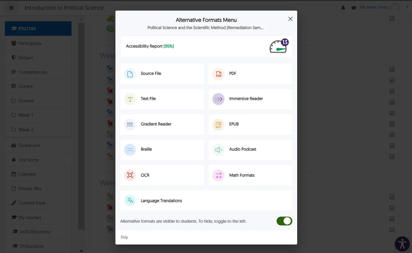 YuJa Panorama Alternative Formats Menu open in the Moodle LMS