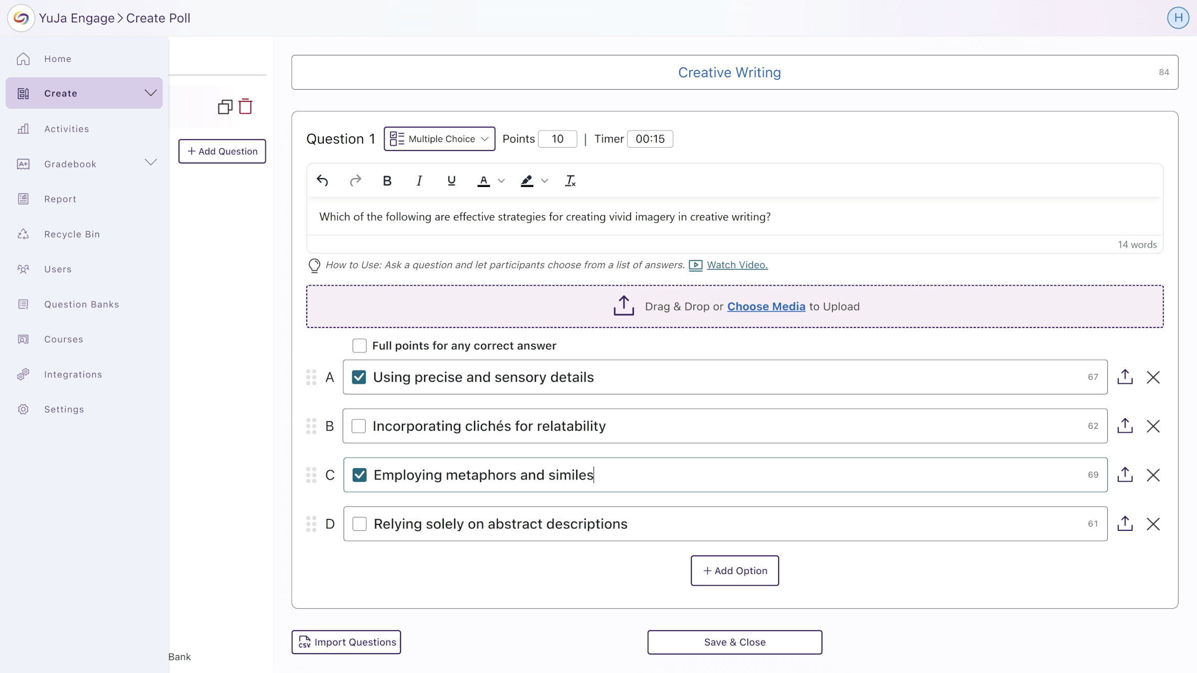 Multiple correct answers selected during the creation of a Multiple Choice question in YuJa Engage.