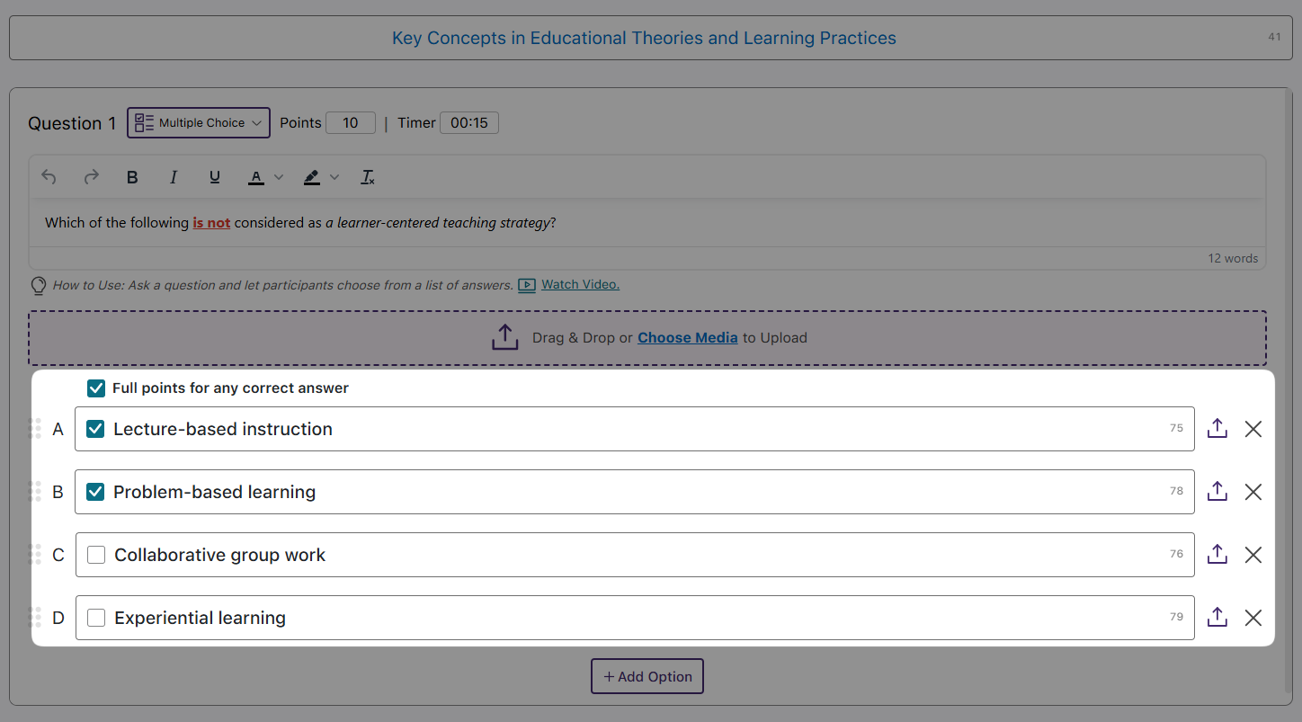 A view of the poll creation page in YuJa Engage highlighting the selection of multiple correct answers in the multiple-choice questions.
