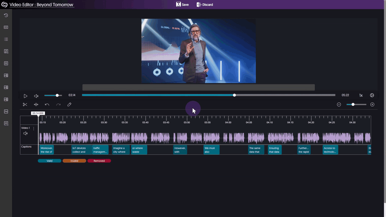 An audio track is muted in the video editor.