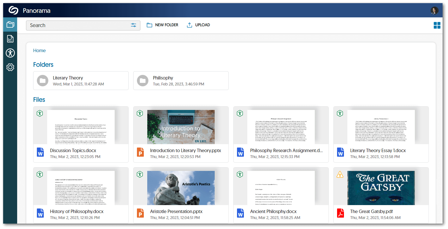Panorama's My Content Environment page showcases various folders that can be added and files with their accessibility badge icons. 