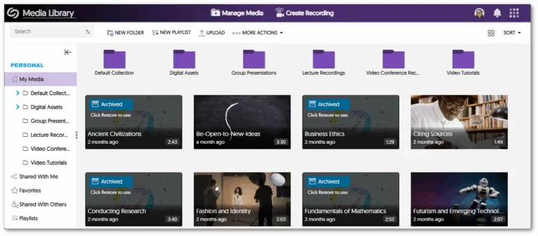 Video archived within My Media showcasing active alongside the archived videos.