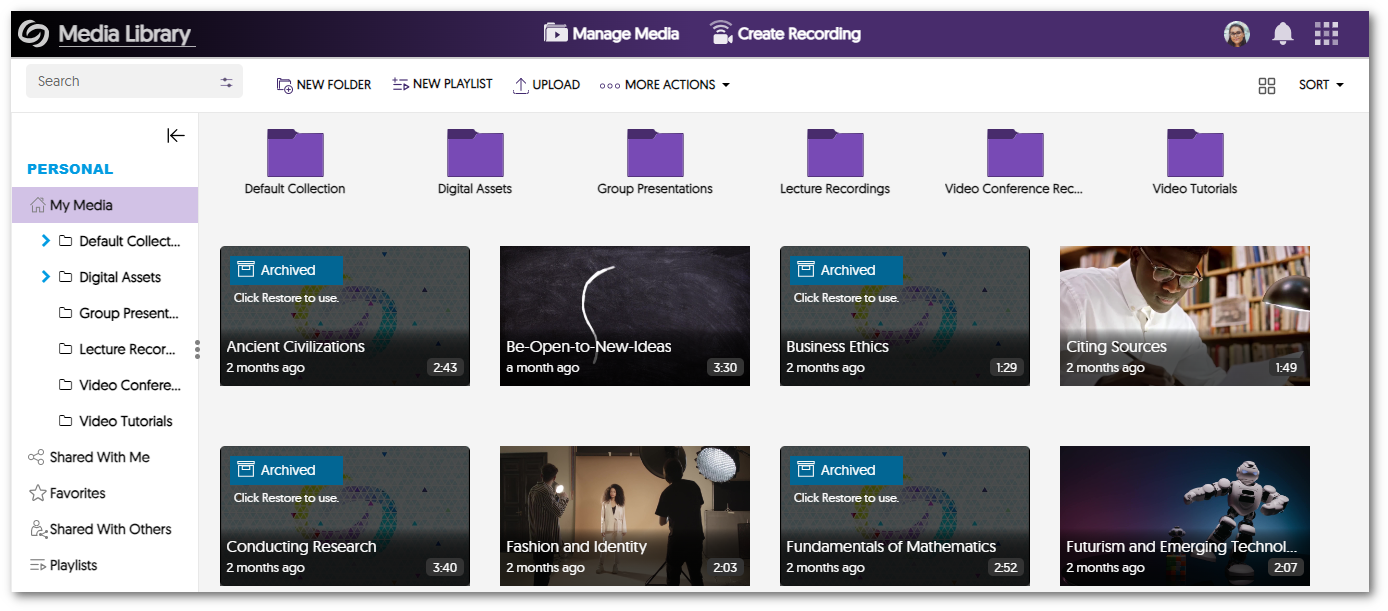 Video archived within My Media showcasing active alongside the archived videos.
