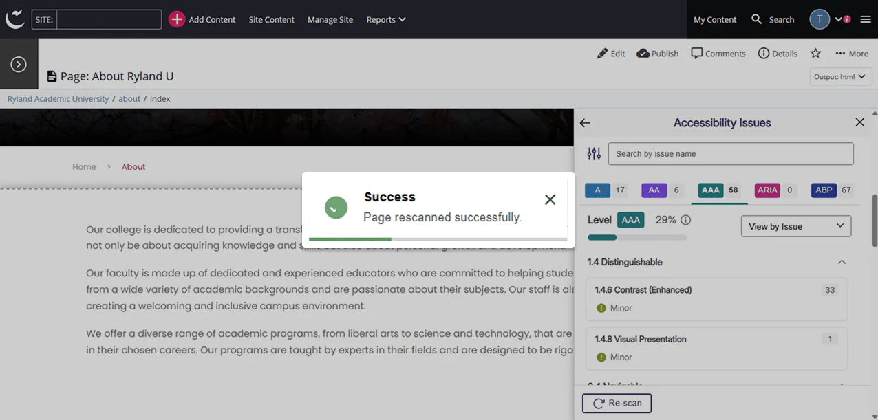 A success modal for activating a re-scan in Cascade CMS