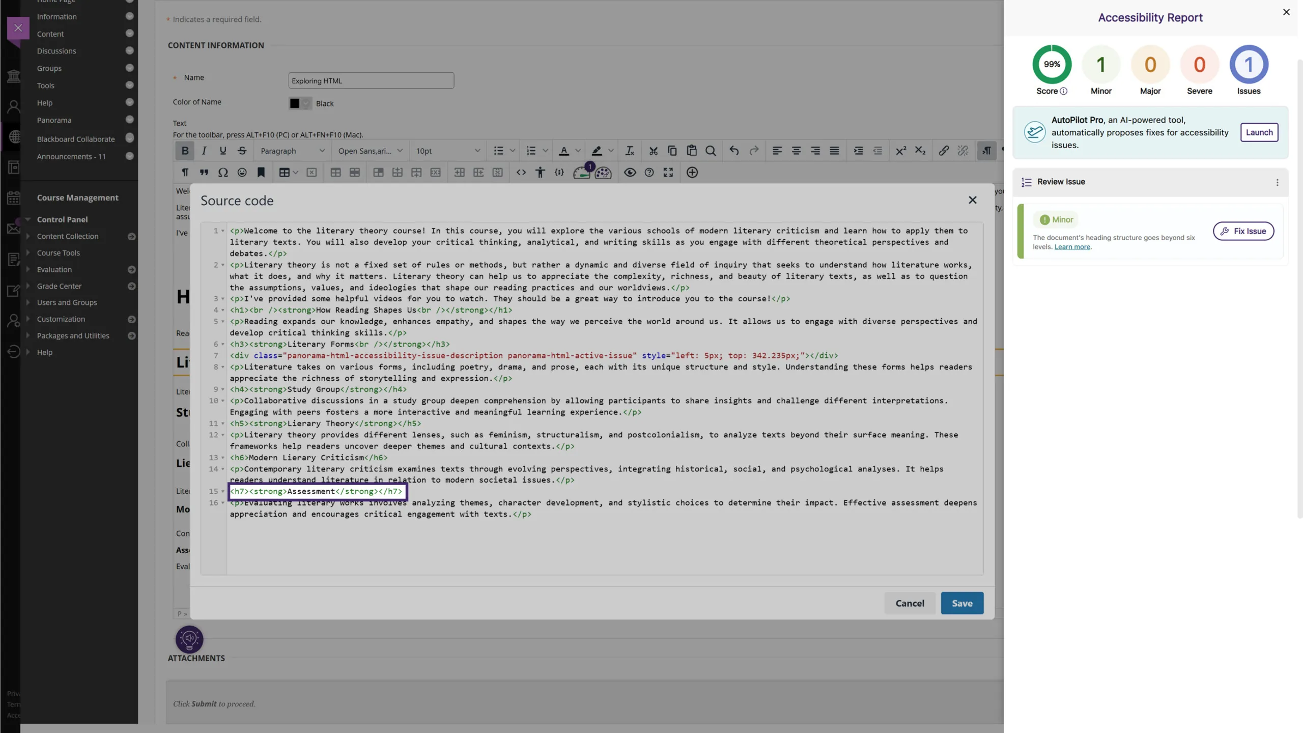 Blackboard Ultra WYSIWYG Editor showing Autopilot Feature