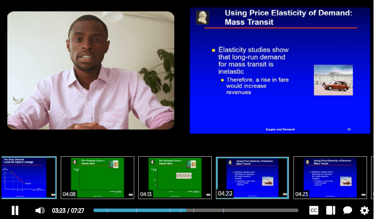 A man on a video screen discussing multiple topics.