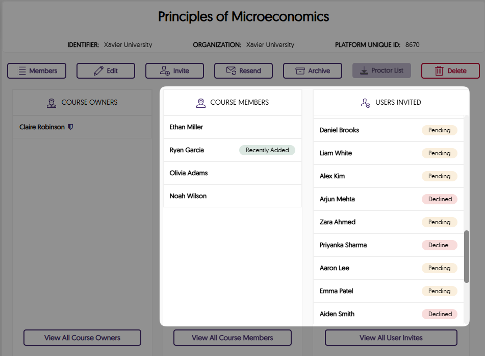 The Course Groups page highlighting the new status labels of the course members and invited users.