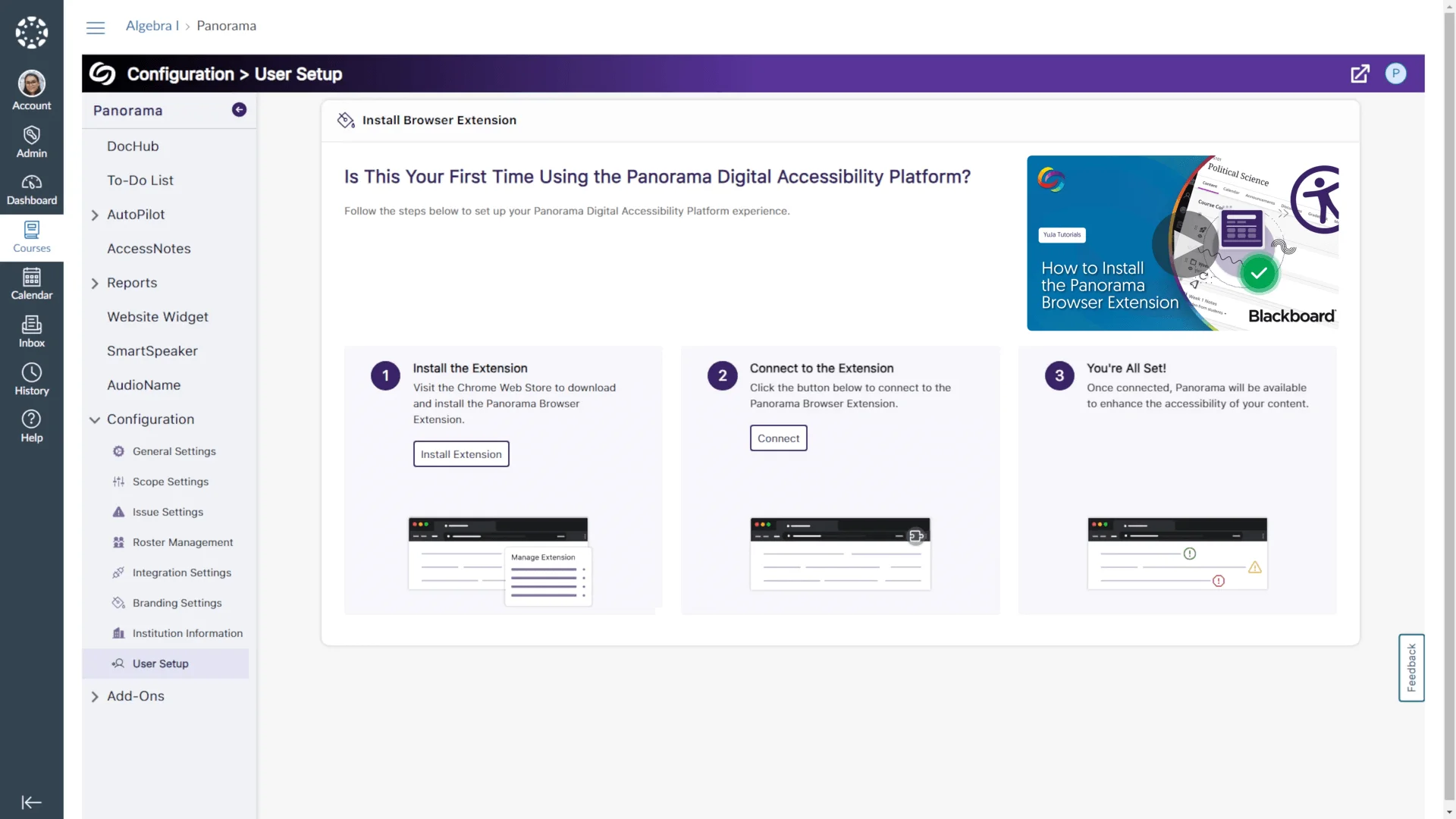 The new User Setup page, featuring a tutorial video and steps on how to install the Panorama Browser Extension.