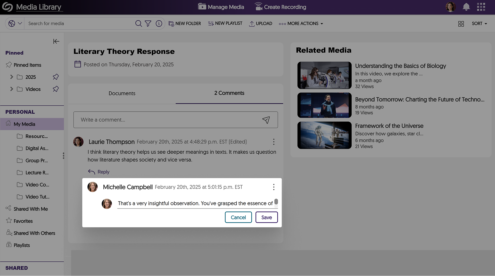 An image showing a new option to edit comments in EVP.