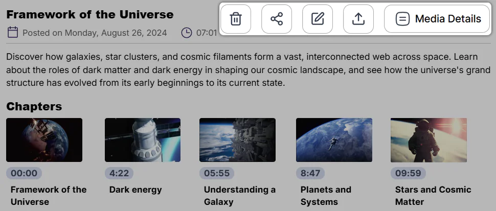 Redesigned video description box, highlighting new buttons that allow users to delete, share, edit, publish, and view media details.