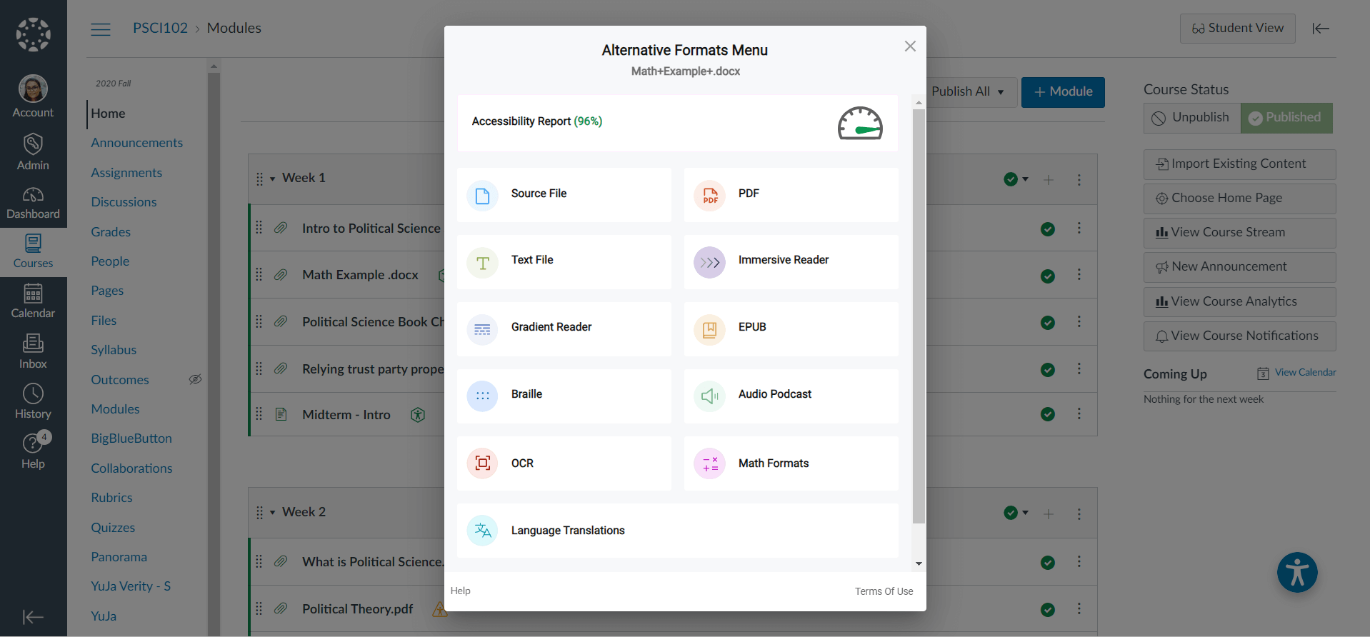A pop-up list from YuJa Panorama for Scanning and Checking