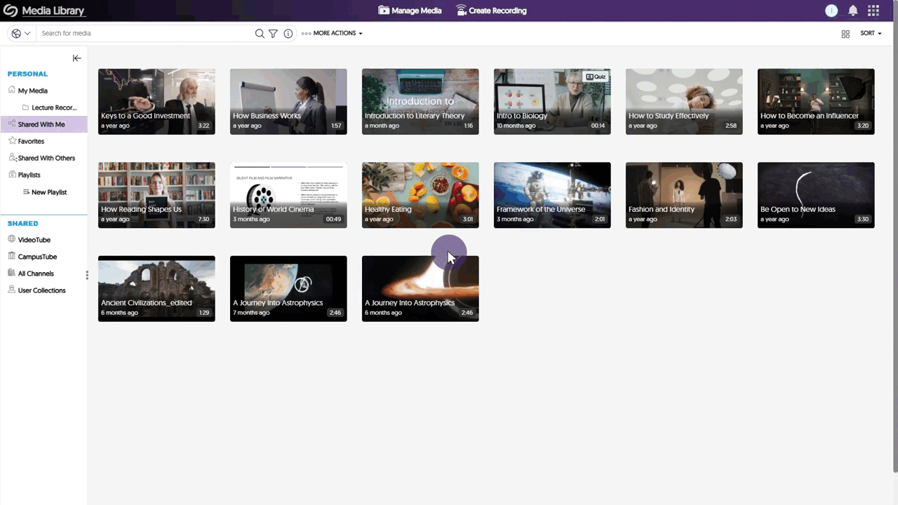 A gif showing how users can add videos from the Shared With Me folders to their existing or new playlists.