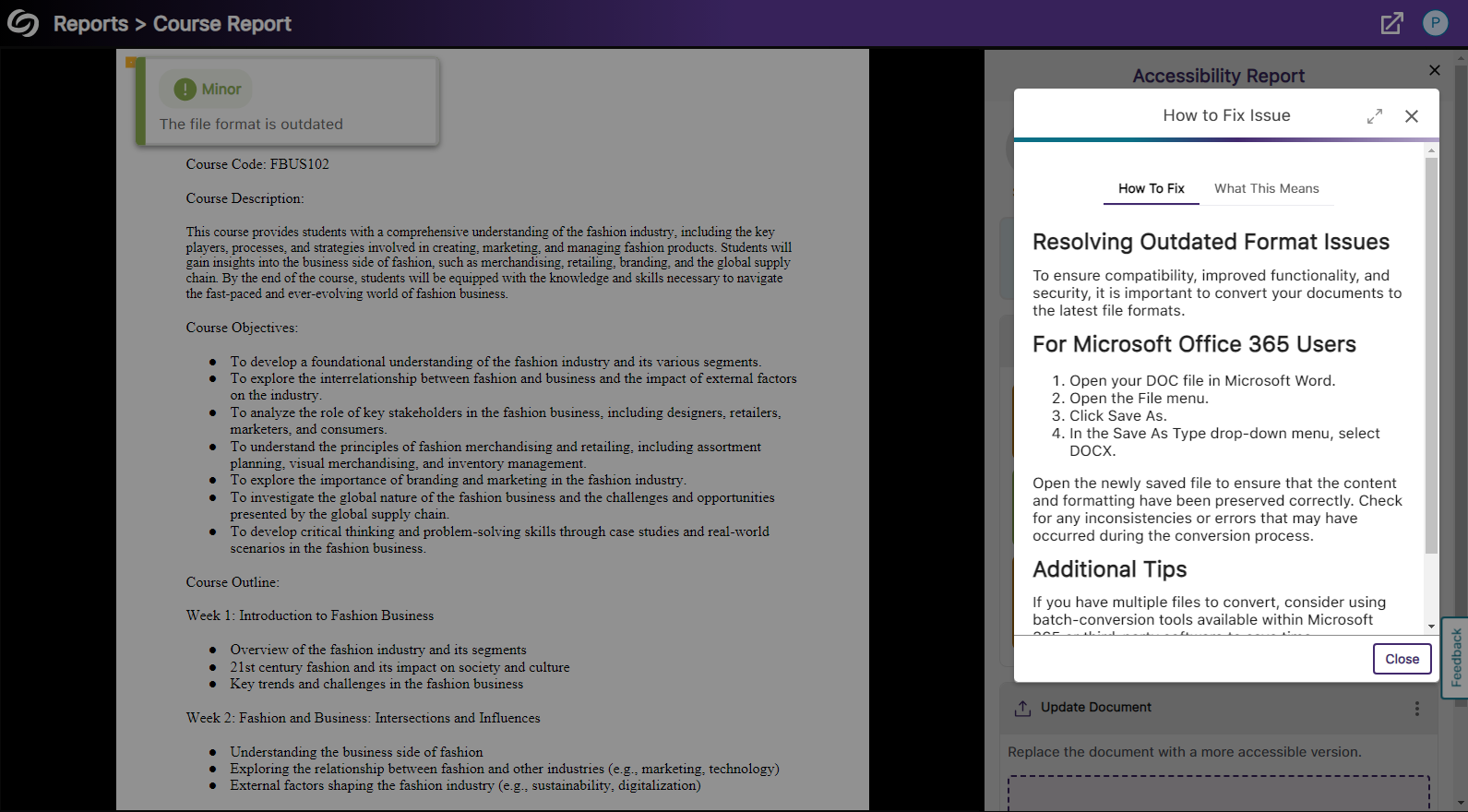 The outdated file format issue is shown with steps on how to resolve it.