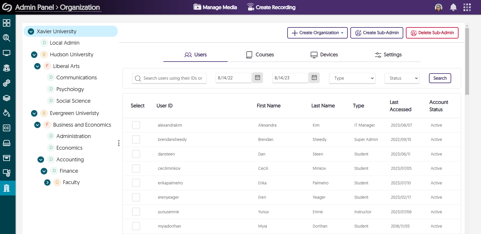 The organization tab in the YuJa Video Platform.