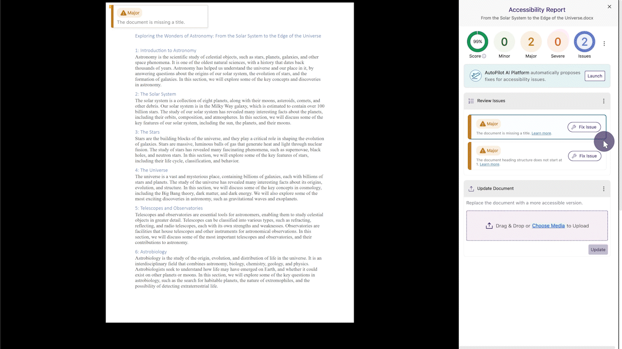 A document is shown remediated and automatically uploaded in Moodle.