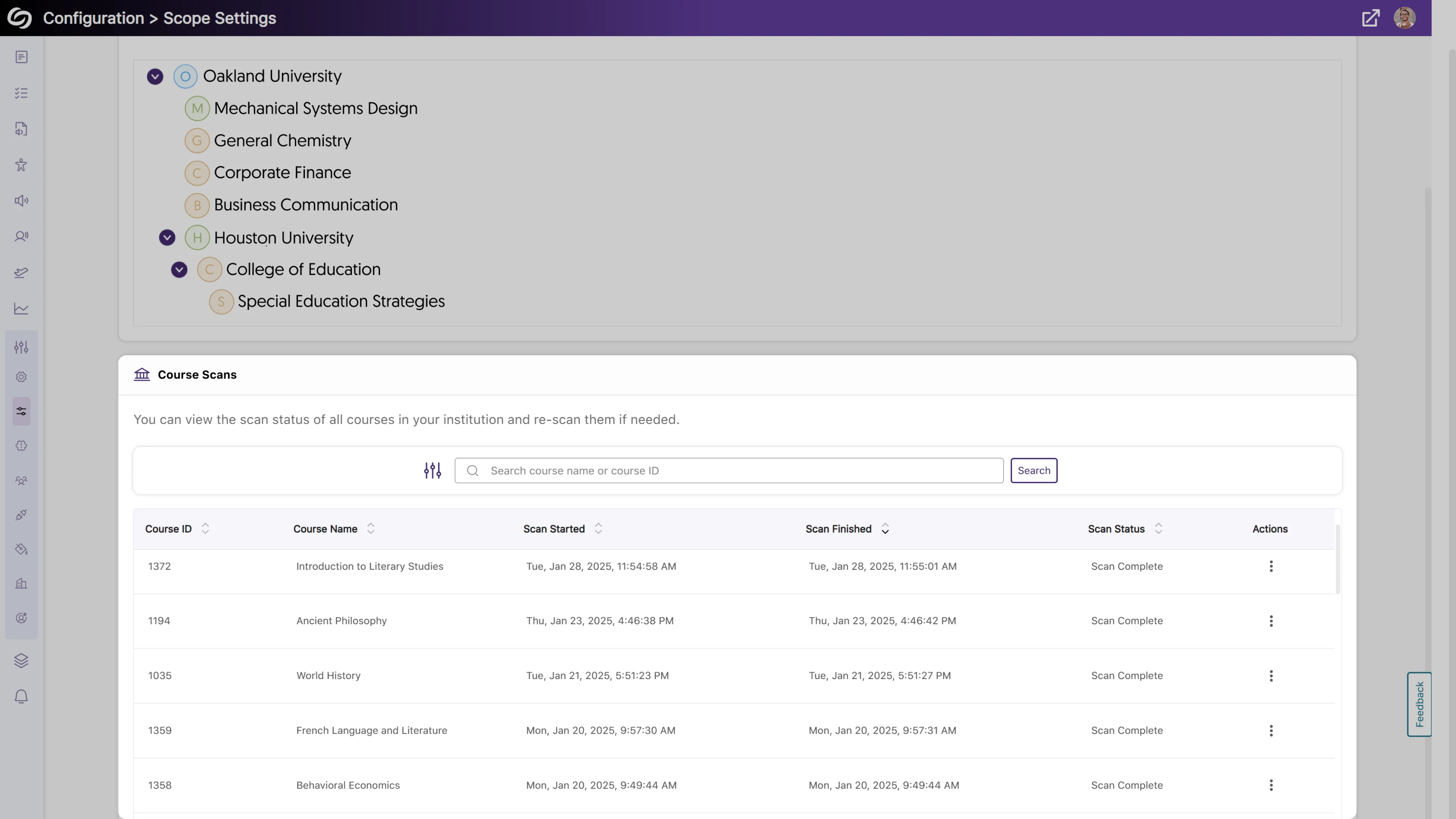 In Scope Settings a list of courses are shown with their scan progress.